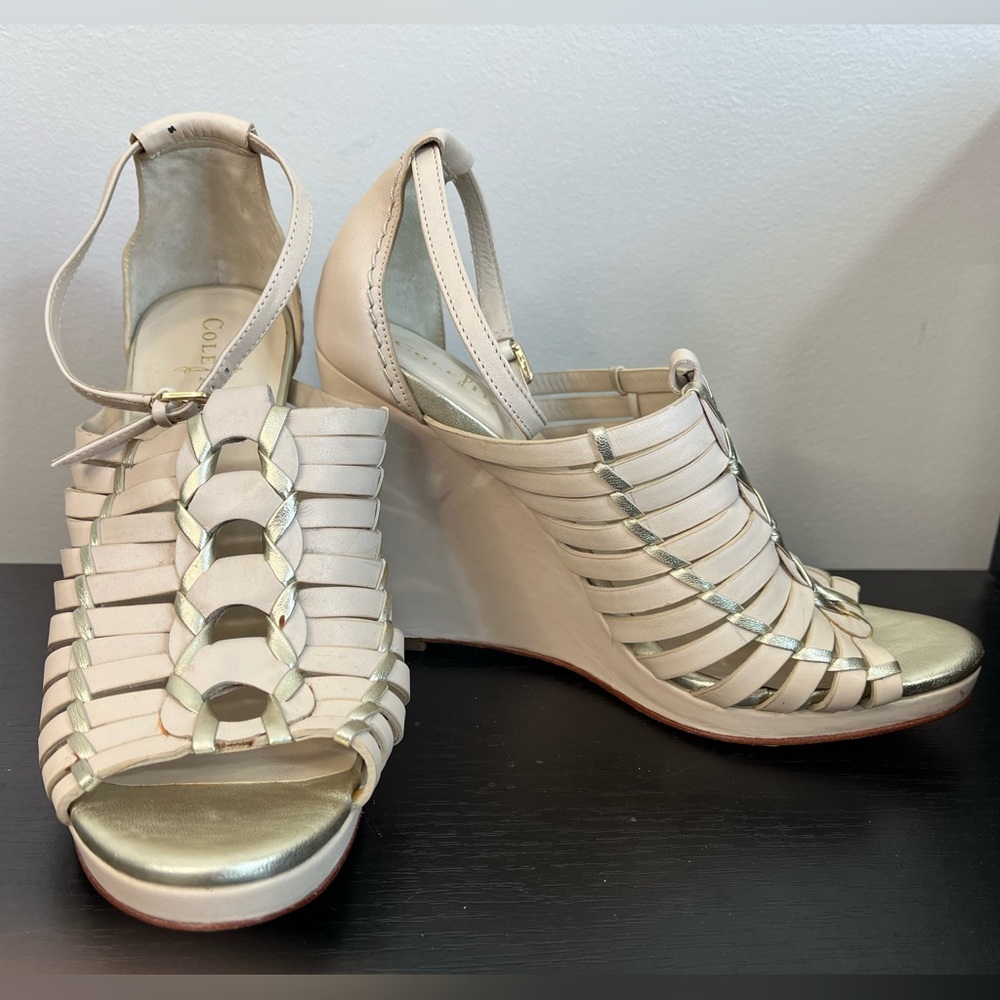 Cole Haan Cream Ivory Gold Leather Wedge Sandals Ankle Strap Women’s 8.5